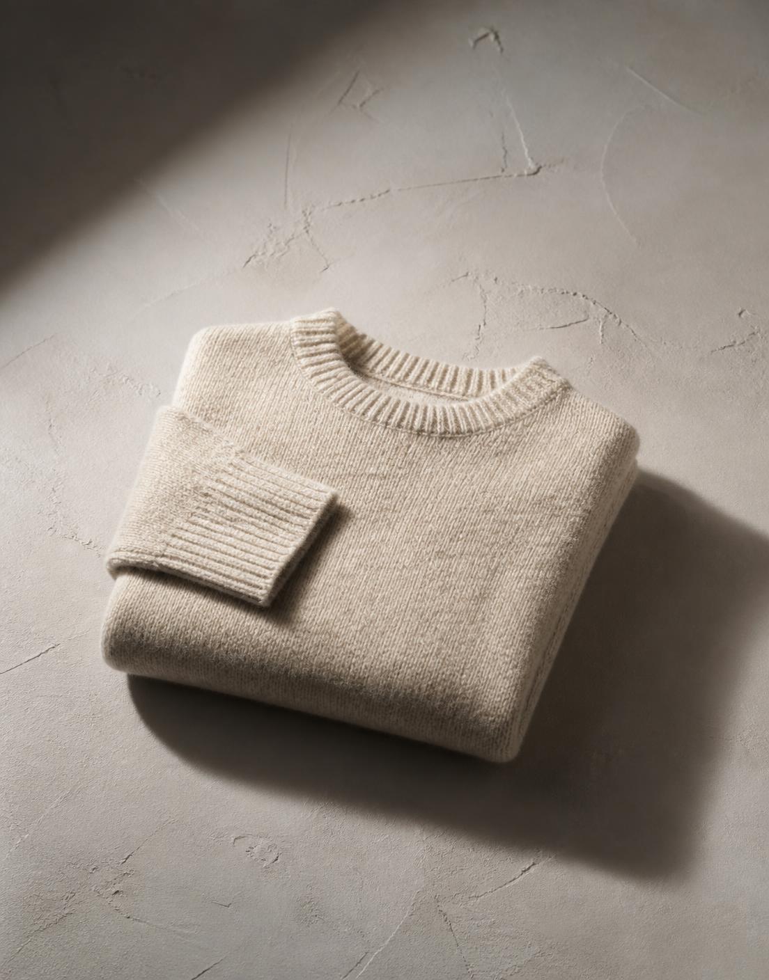 Folded oatmeal knitwear resting on a raw plaster surface
